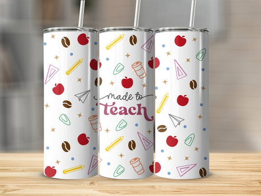 Tumbler with "Made to Teach" text and school-themed icons.