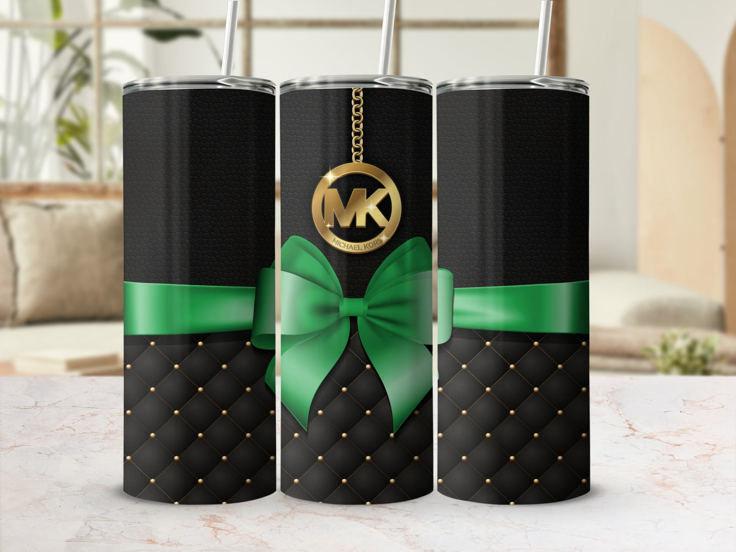 Elegant Black and Green Quilted Tumbler with Gold Accent
