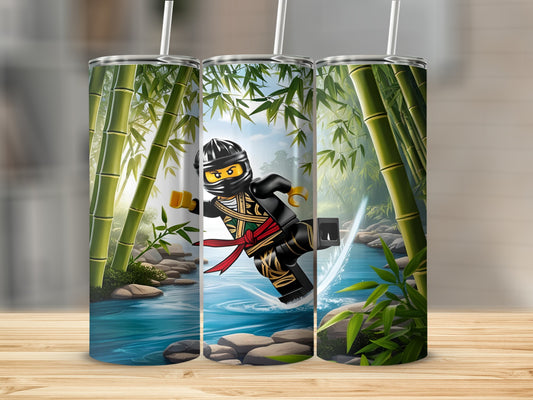 Ninja character in black and red outfit leaping through a bamboo forest.