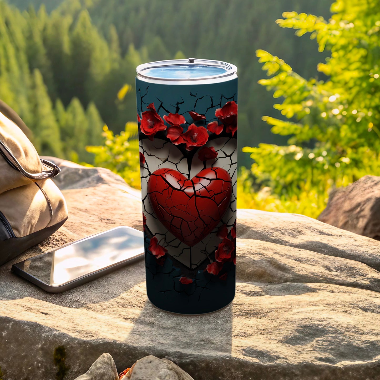 Cracked Heart with Red Flowers Insulated Tumbler Product