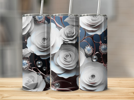 Three tumblers with white rose and diamond floral design.