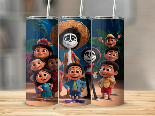 Animated characters, including a man in a sombrero and skeleton makeup, pose together.
