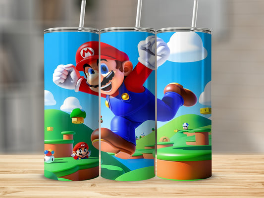 Super Mario leaping with Goomba in colorful Mushroom Kingdom landscape.