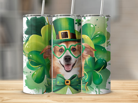 Corgi wearing St. Patrick's Day hat and glasses, surrounded by shamrocks.