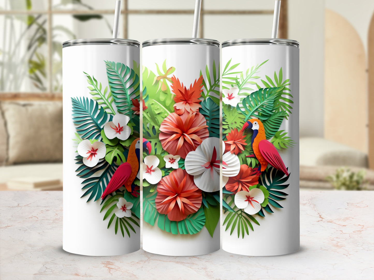 Tropical Floral and Parrot Design Tumbler Cups
