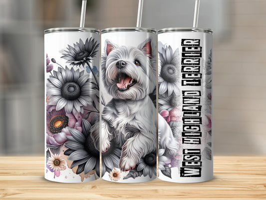 West Highland Terrier with flowers on a tumbler.