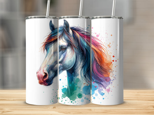 Colorful watercolor horse head illustration on three white tumblers.