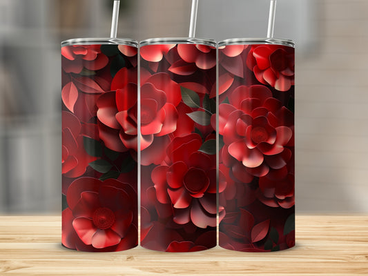 Three tumblers with a repeating pattern of deep red flowers and leaves.