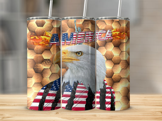 Eagle wearing American flag, "AMERICA" text, honeycomb pattern background.