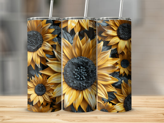 Three tumblers with a repeating sunflower pattern.
