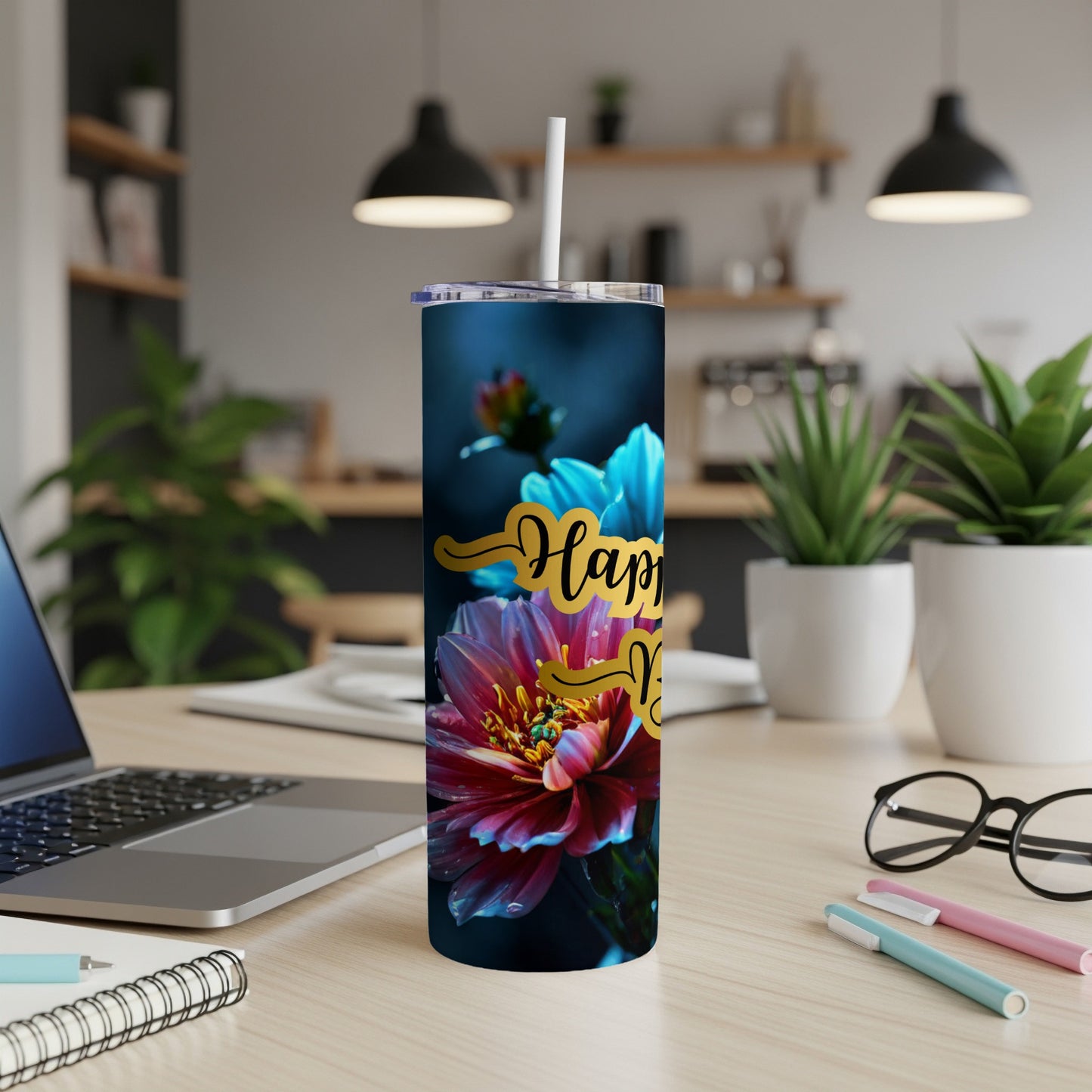 Tumbler with a floral design and "Happy Fall" text.