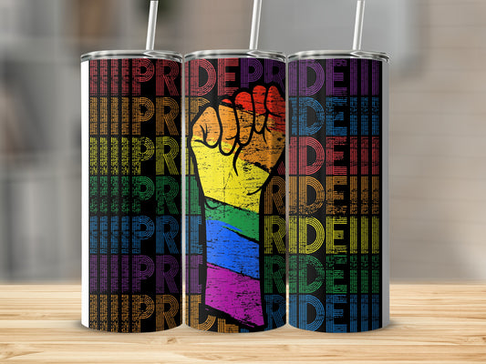 Pride flag fist symbol on a tumbler with repeating "PRIDE" text.