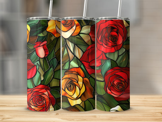 Three tumblers with a stained glass rose design.