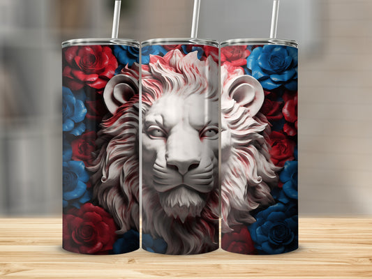 Three tumblers featuring a white lion head and red and blue roses.