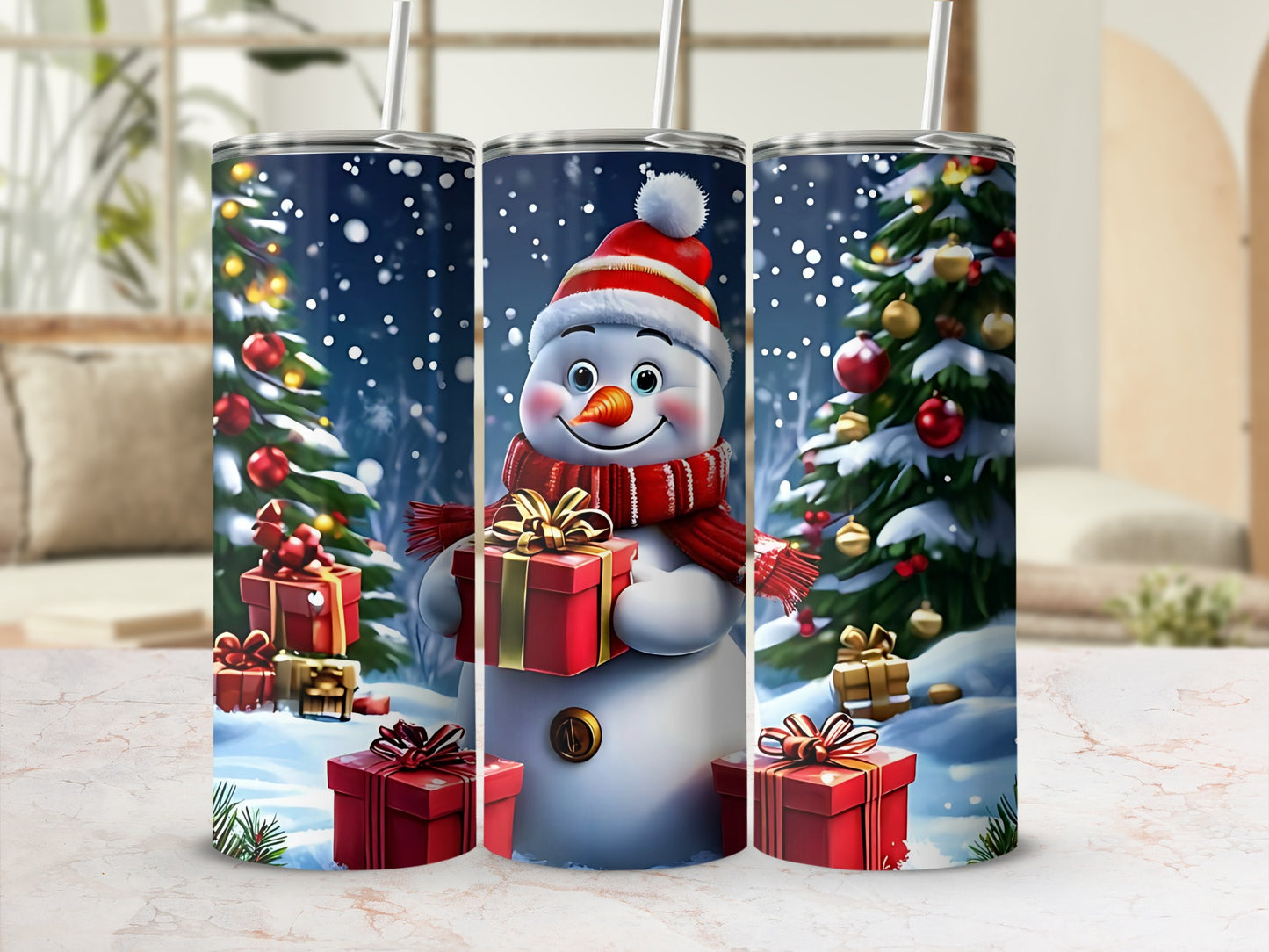 Festive Snowman with Christmas Gifts Tumbler Cups