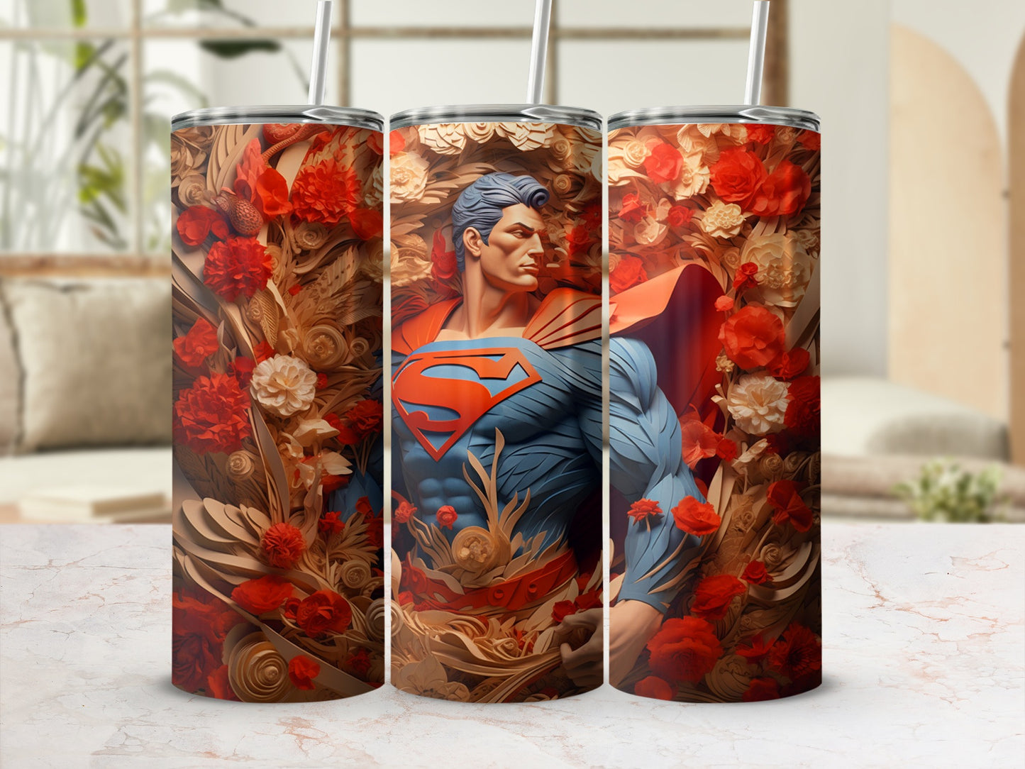 Superman Themed Tumbler With Floral Background