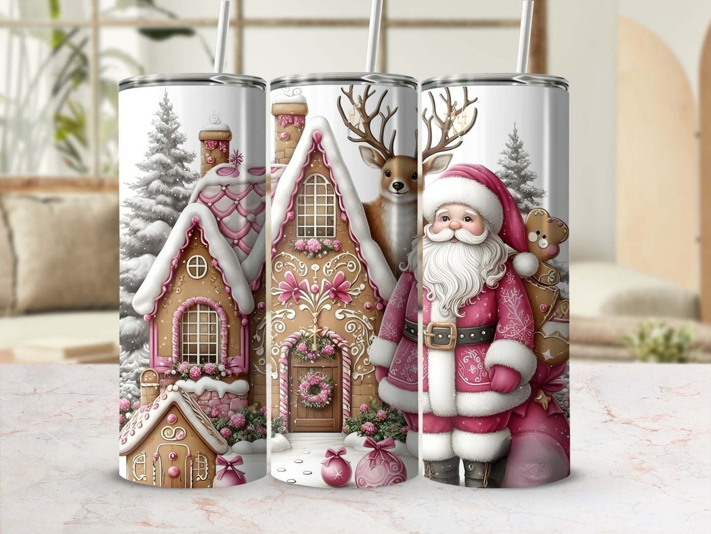 Festive Santa Claus and Gingerbread House Tumbler