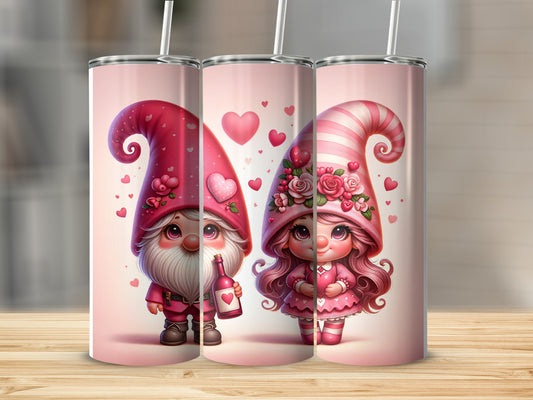 Two Valentine's gnomes, one with a beard holding a bottle, the other in a pink dress.