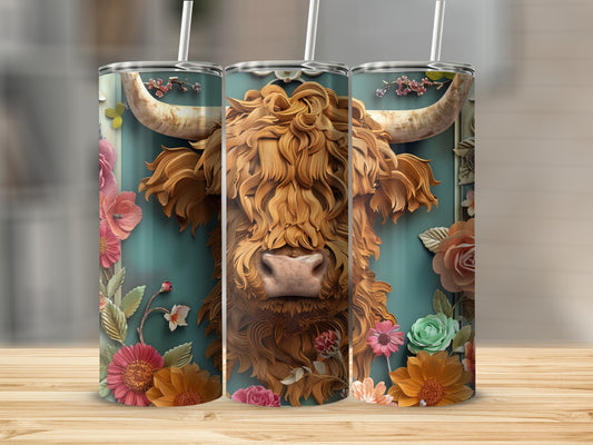 Highland cow illustration with flowers on a teal background.