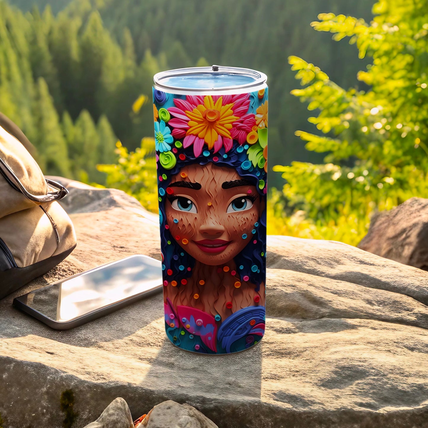 Vibrant Floral Face Art Design Travel Mug for On-the-Go