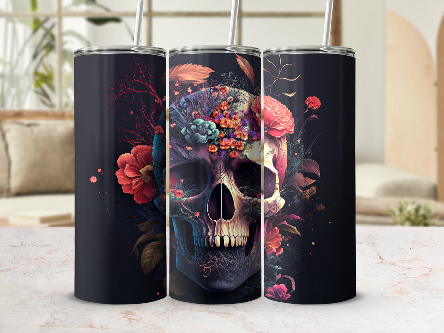 Colorful Skull with Floral Accents Tumbler