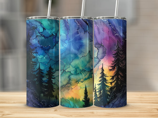Three tumblers with a forest and sunset sky watercolor design.