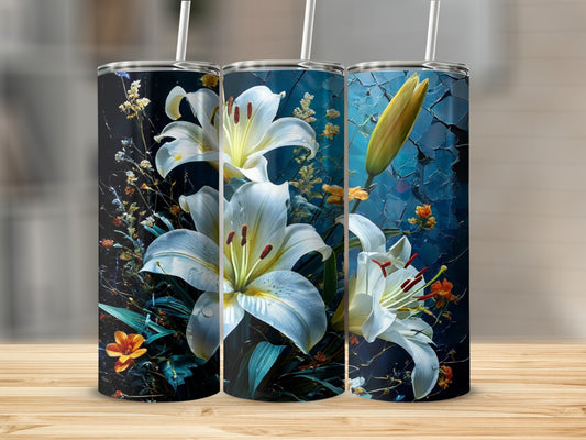 Three tall tumblers with white lilies and dark foliage.