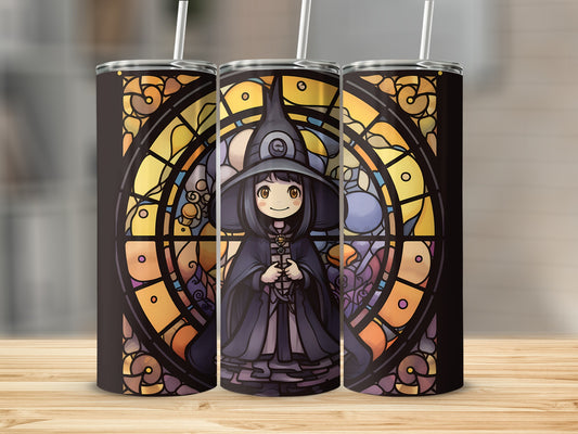 Stained glass witch and cauldron tumbler with straw.