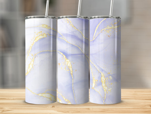 Three tall tumblers with abstract watercolor and gold marble patterns.