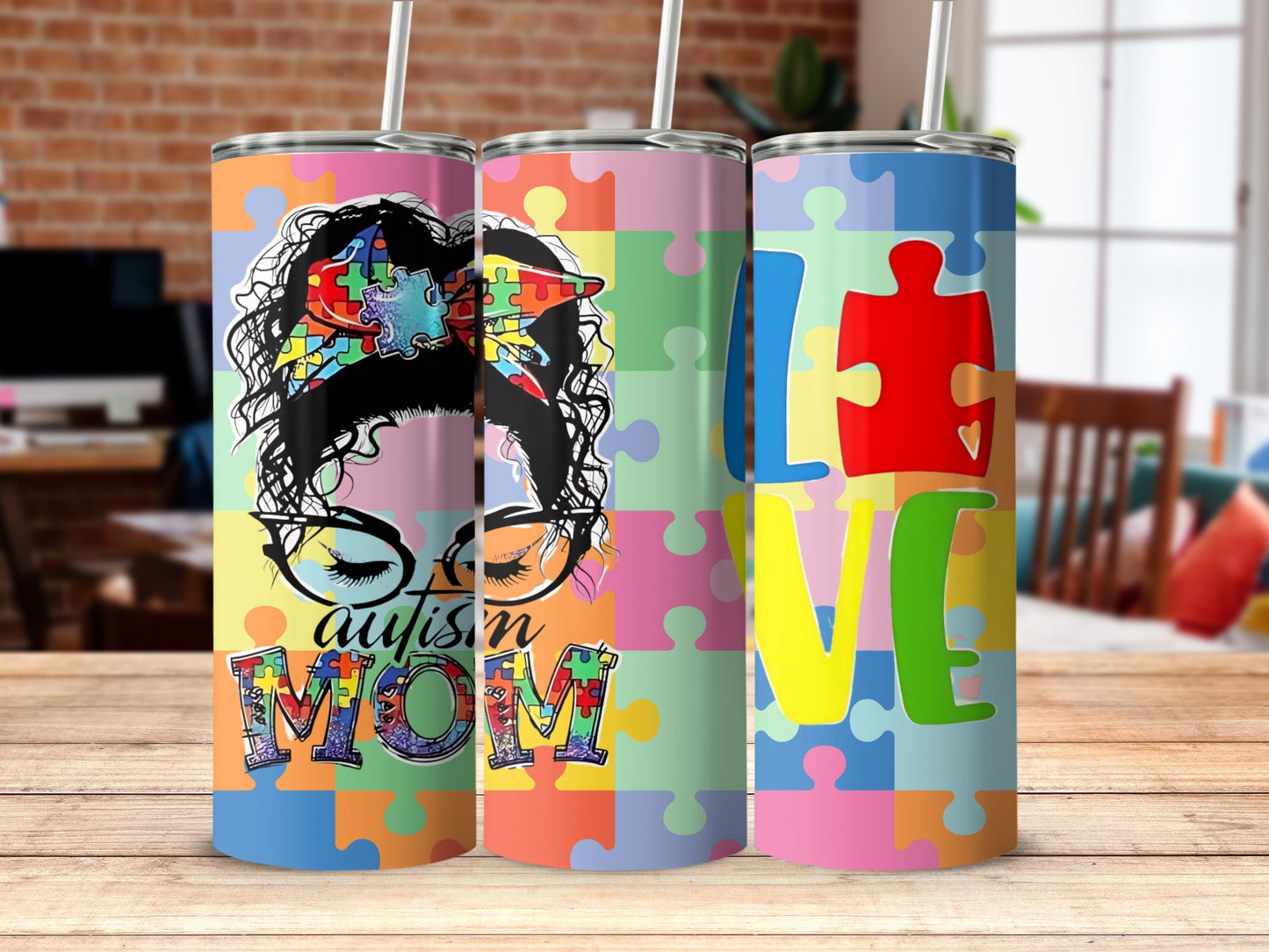 Autism Mom Love Puzzle Pattern Tumbler Product