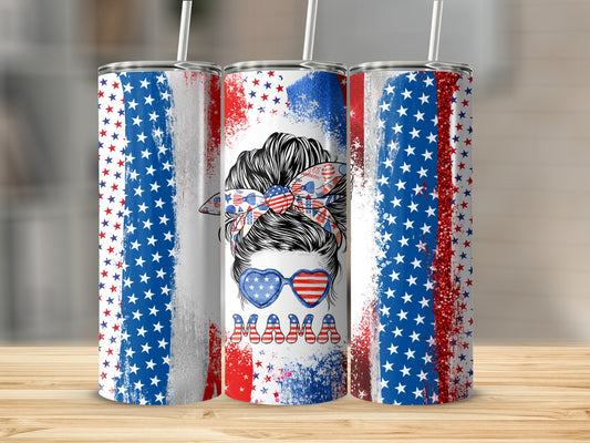 Stars and stripes tumbler with messy bun and heart sunglasses, reading "Mama."