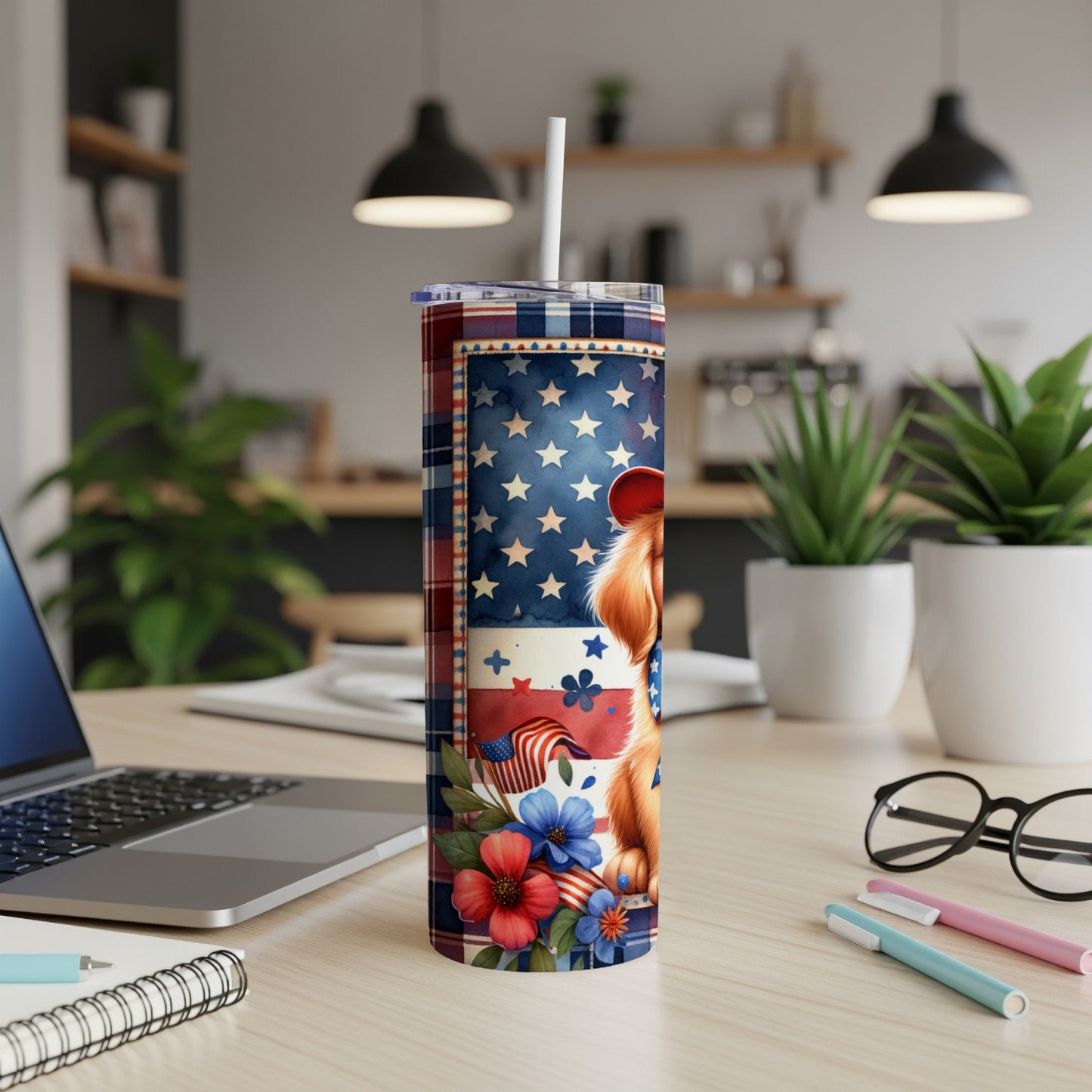 Golden retriever in patriotic hat on American flag patterned tumbler.