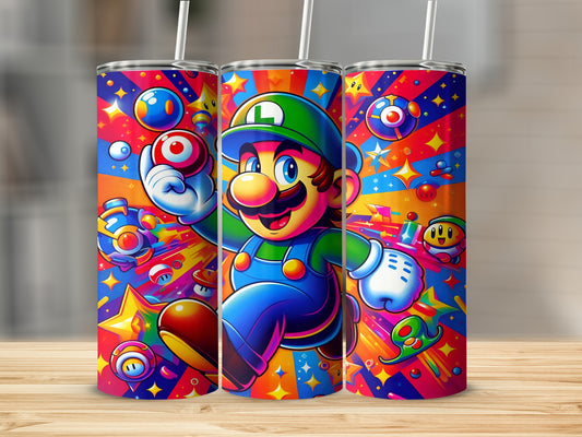 Luigi from Super Mario surrounded by colorful cartoon characters and stars.