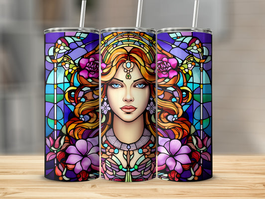 Stained glass tumbler design featuring a woman with elaborate hair and floral accents.