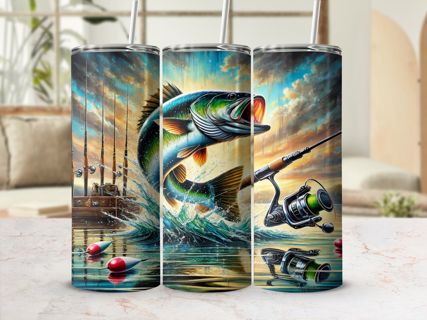 Artistic Fishing Scene with Jumping Fish Tumbler