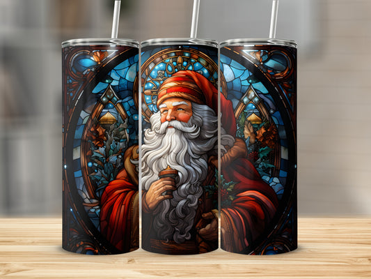 Stained glass Santa Claus holding a candle, with holly and berries.