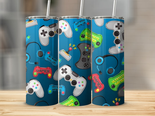 Blue tumbler with repeating pattern of game controllers, headphones, and text.