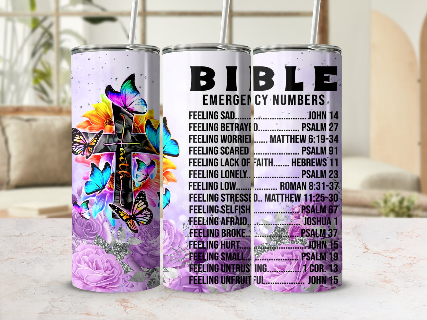 Butterfly Cross Faith Bible Emergency Numbers Tumbler