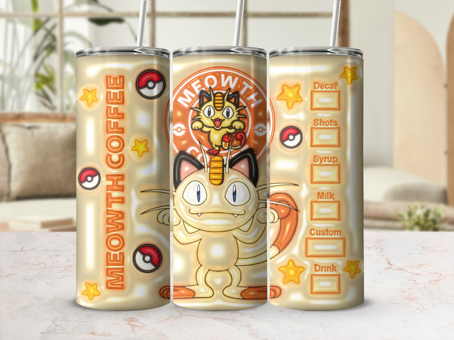Meowth Coffee Anime-Themed Travel Tumbler with Straw