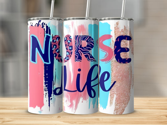 Tumbler with "Nurse Life" text, leopard print, and pink and blue abstract brushstrokes.