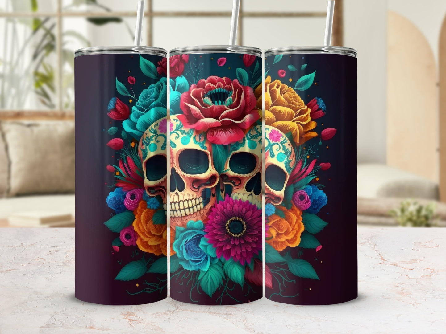 Vibrant Floral Skulls Insulated Tumbler