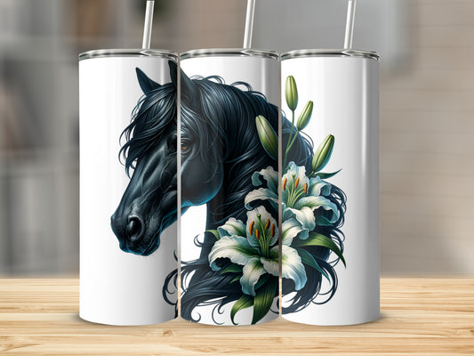Black horse with white lilies on a white tumbler design.