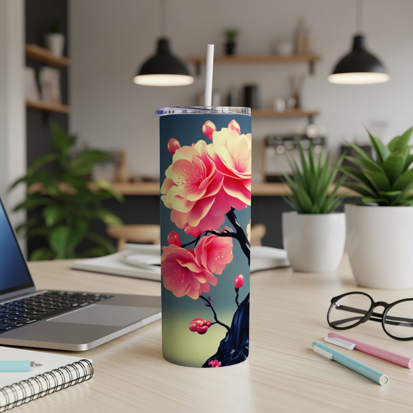 Floral tumbler with pink and yellow blossoms on a dark branch.
