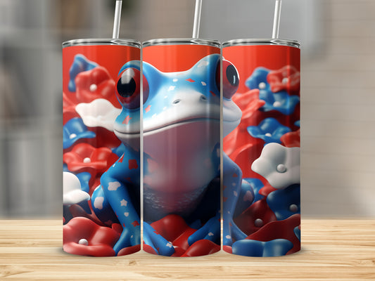 Blue frog with red and white stars on tumbler surrounded by red and white flowers.
