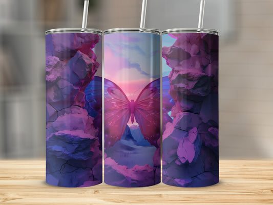 Butterfly on a rocky mountain landscape with a sunset sky.