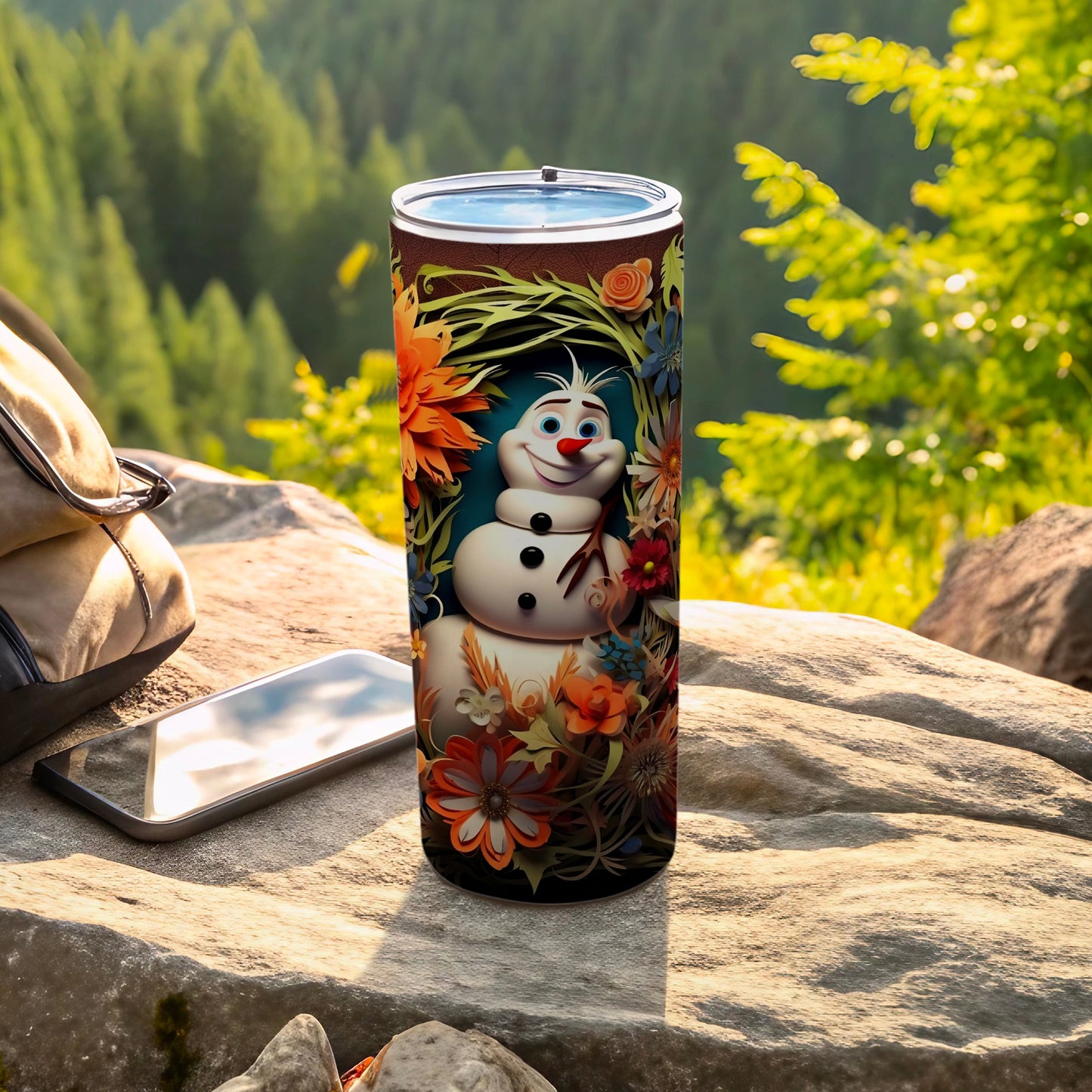 Cheerful Snowman and Floral Design Tumbler Cup