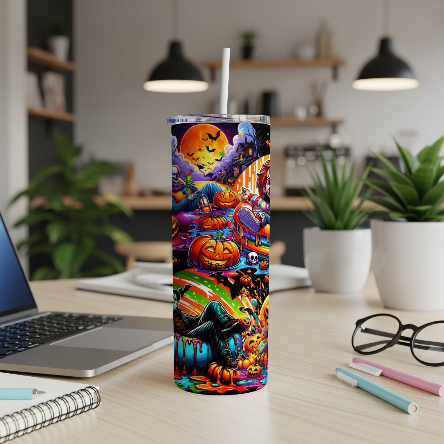 Halloween tumbler with pumpkins, bats, haunted house, and horror characters.