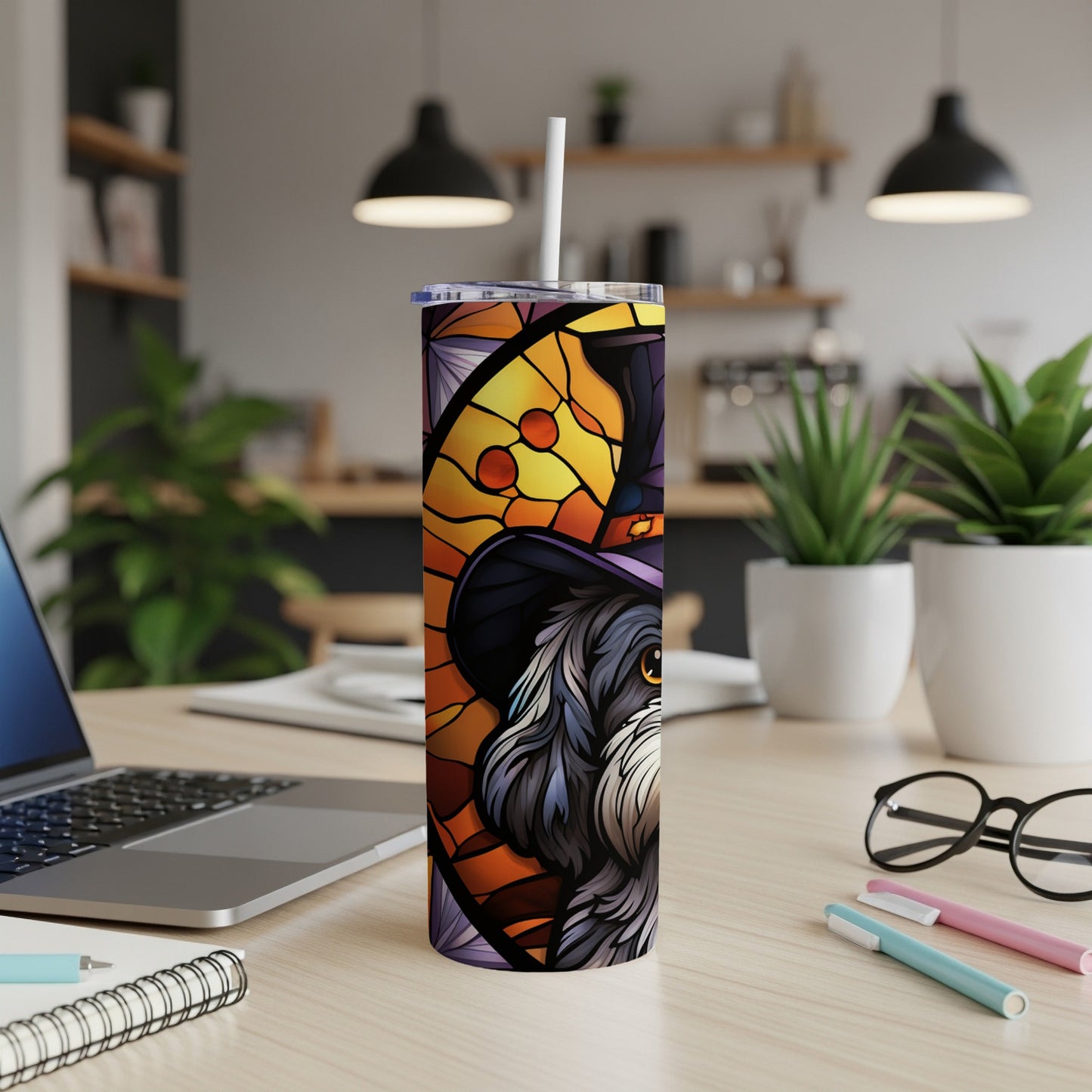 Tumbler with black dog in witch hat, stained glass pattern.