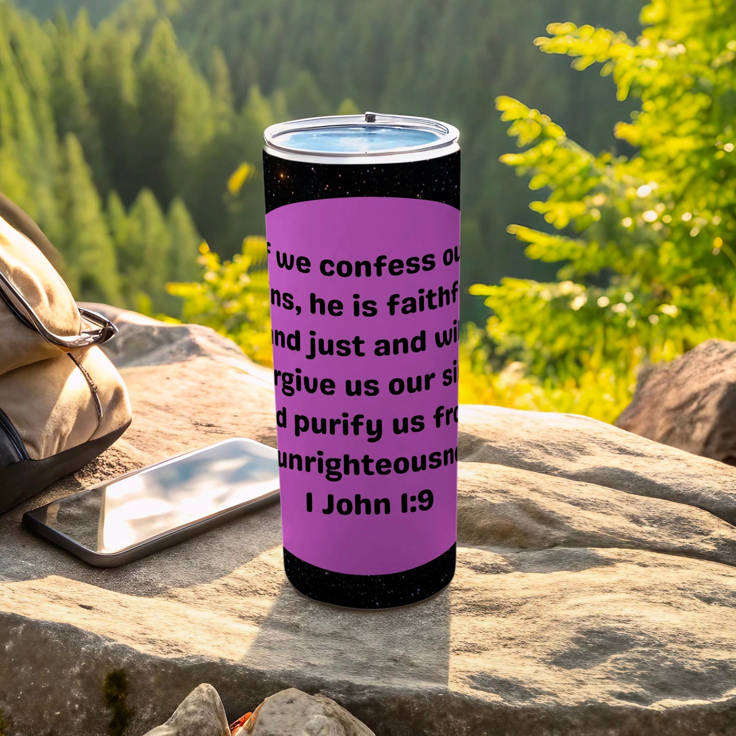 Inspirational Tumbler with I John 1:9 Bible Verse Message