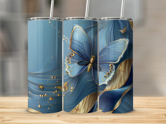 Three blue tumblers featuring golden butterflies and abstract wavy designs.